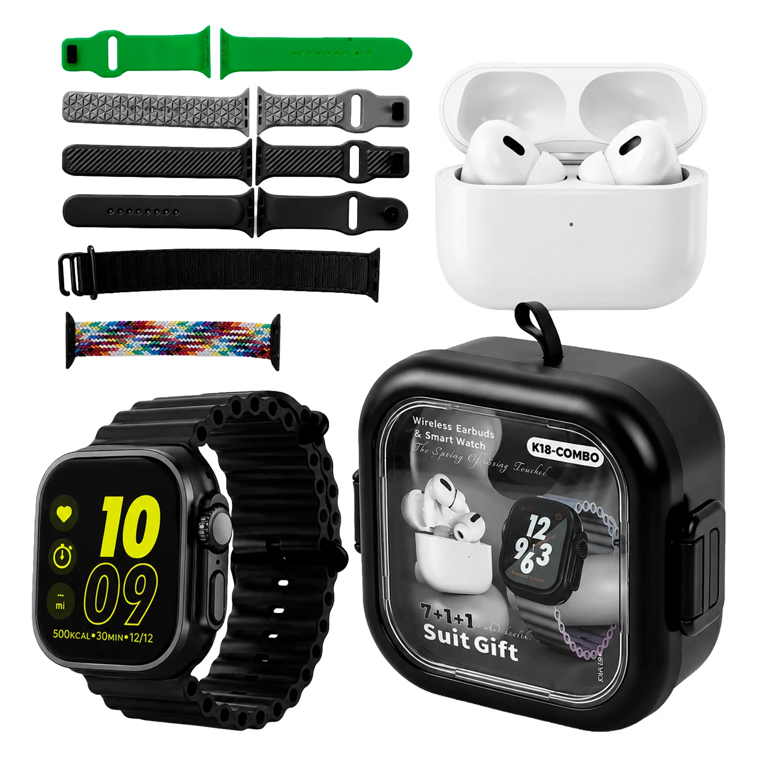 Kit Smartwatch K18 49mm + Fone de Ouvido + Capa - Preto
